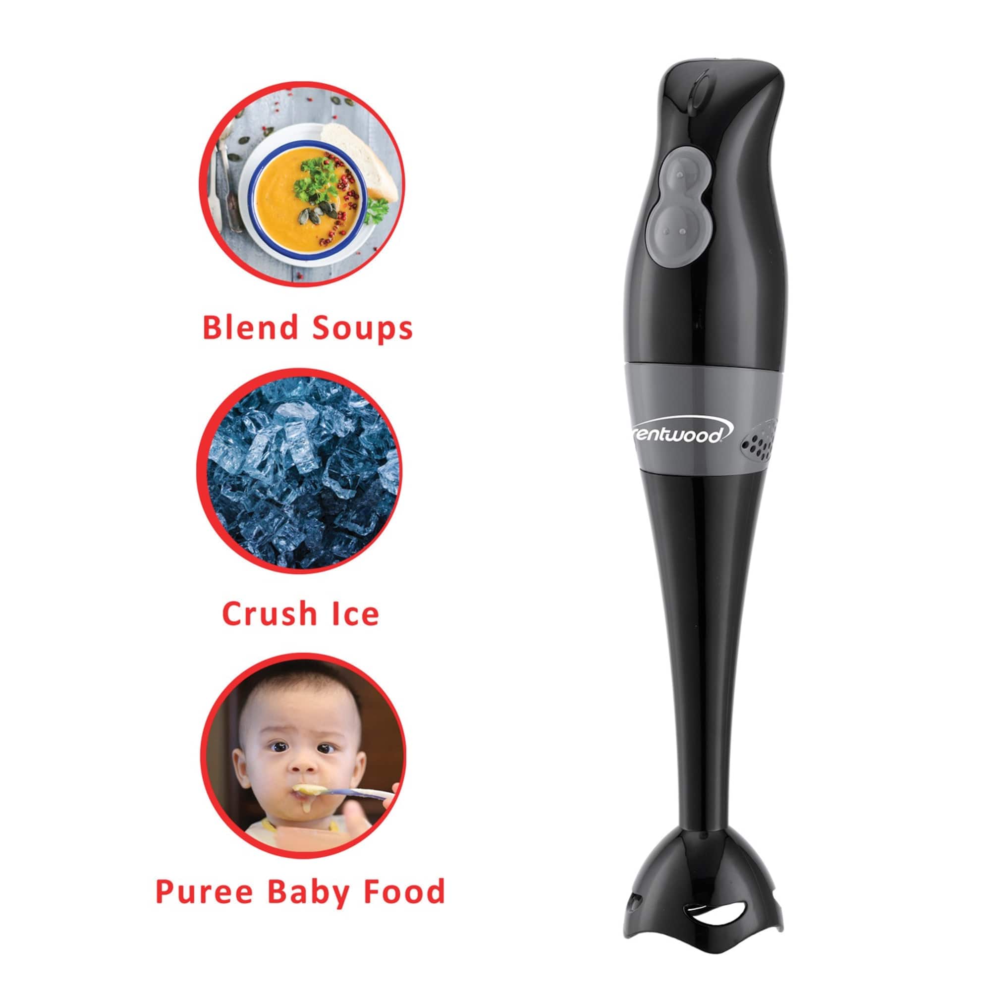 Brentwood Black 2-Speed Hand Blender & Food Processor with Balloon Whisk